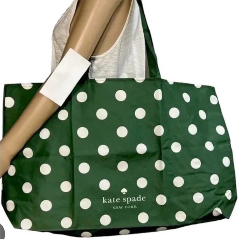 KATE SPADE LARGE GREEN WHITE POLKA DOT SHOULDER BAG REUSABLE TOTE NEW
